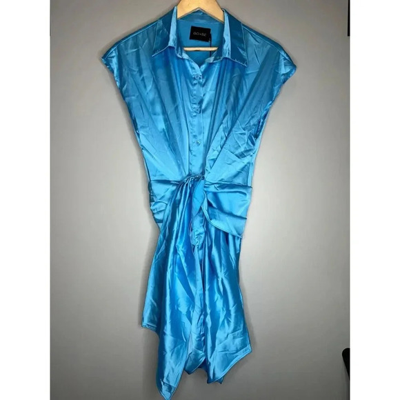 NEW DO + BE Blue satin collar dress tie front ruched mini party size MEDIUM - Picture 4 of 10